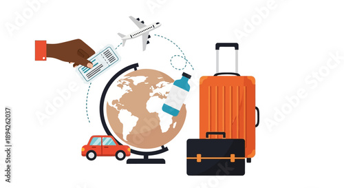Global Travel Illustration Featuring Suitcases and Transportation Modes Around the World