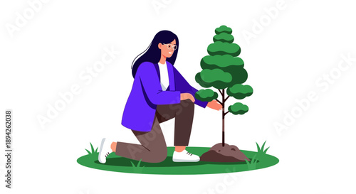Woman planting a small tree in the grass, kneeling on one knee with a gentle touch