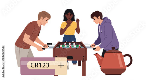 Three people engaging in a friendly game of table football together in a casual setting