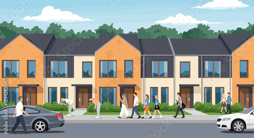 Family walking down a street with modern houses and cars parked outside on a sunny day