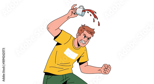 Man splattering paint from a can onto himself in a dynamic pose