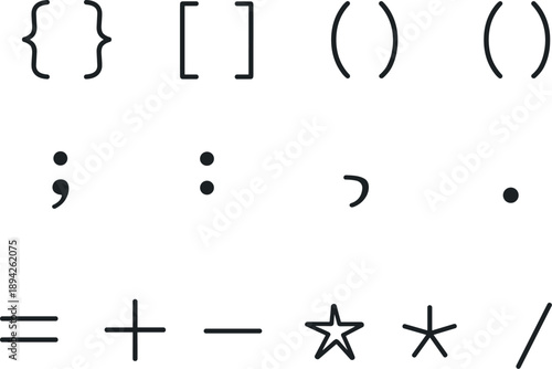  Line style vector icons of coding programming basic symbols: curly braces, square brackets, round parentheses,