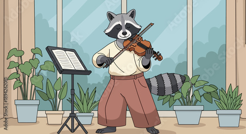 Raccoon Playing Violin in a Room with Plants Surrounding the Music Stand
