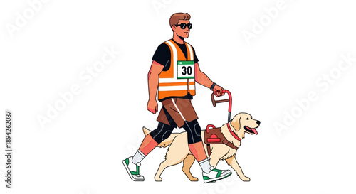Man with guide dog walking on street, wearing athletic attire and reflective vest, captured in a dynamic illustration from the side