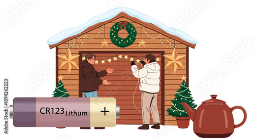 Two men decorating a wooden shed with Christmas lights and decorations on a winter day