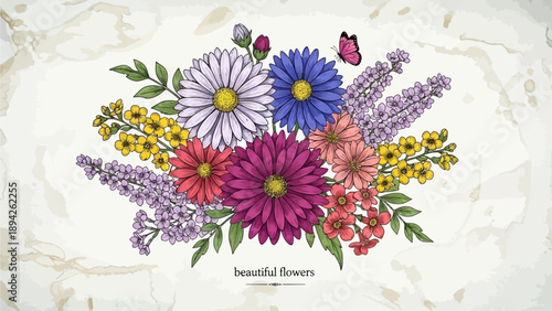 A vibrant bouquet of colorful flowers, including daisies and lavender, arranged with a butterfly, set against a soft, textured background.