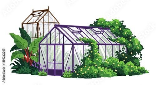 A serene greenhouse surrounded by lush greenery and vibrant plants, viewed from the side with a clear glass roof and purple metal frame.