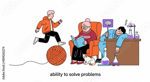 Elderly woman sitting in armchair while man works on computer and another runs with yarn ball, depicting problem-solving skills