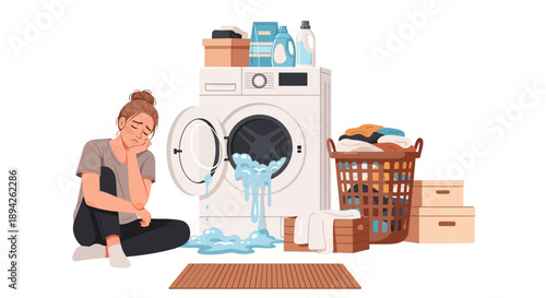 A woman sitting on the floor next to a washing machine with water spilling out