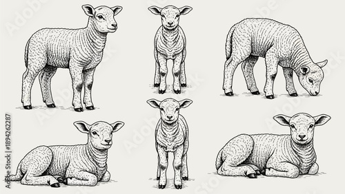 A serene illustration of lambs in various poses and activities, depicted in a minimalist style from different viewpoints