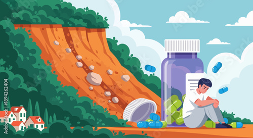 A man sitting on the ground surrounded by a landslide with a bottle of pills beside him in a natural setting
