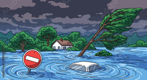 Flooded landscape with house and trees surrounded by water under a dark cloudy sky viewed from a distance