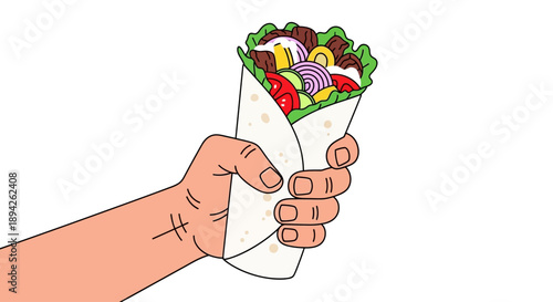 Hand holding a wrapped food item with various fillings from a top-down perspective