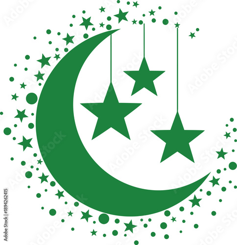 Green moon illustration surrounded by dotted nebula and hanging star pendants