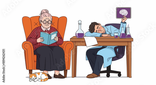 An elderly woman reads a book while a man sleeps at his desk in a cozy home office setting from a front viewpoint