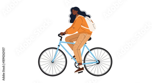 A young woman rides a blue bicycle with a backpack on her back in a casual outdoor setting viewed from the side.