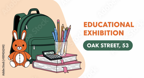 Educational exhibition setup on Oak Street with books, backpack, stationery, and toys displayed