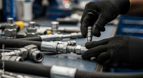 Hands Assembling Hydraulic Hoses and Fittings.