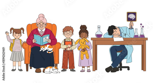 Family gathered around grandfather reading together in a cozy living room scene with a man working at a desk nearby