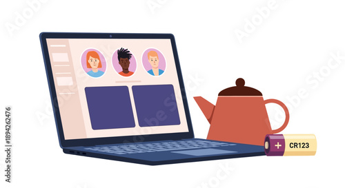 Laptop and teapot on a table with a graphic design interface open showing diverse user profiles