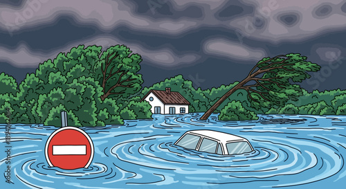 Flooded landscape with submerged car and house surrounded by trees under a stormy sky