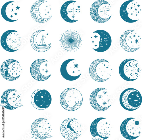 Moon phase collection with mystical celestial faces and bohemian moon designs