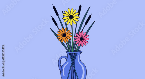 Vibrant flowers and cattails in a blue vase, beautifully arranged from a front viewpoint