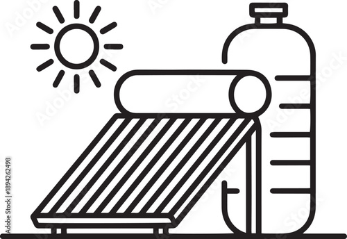 Solar Water Heater System with Sun and Tank Line Icon Vector Illustration