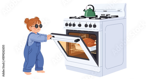 Woman in overalls inspecting a white oven with an open door and a kettle on the stove