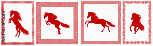 Vector illustration of red horses symbolizing Chinese New Year and beautiful decorative frames isolated on transparent background.