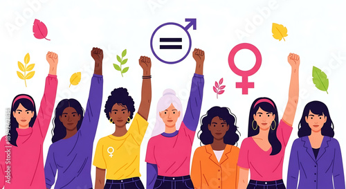 international women's day A diverse group of women standing together in solidarity with raised fists and equality symbols