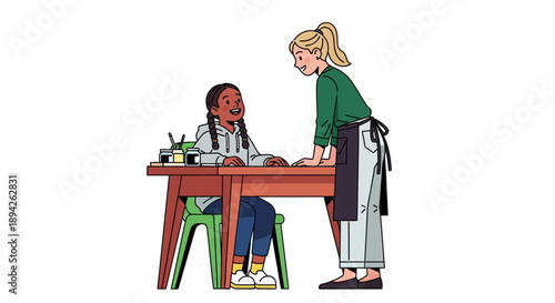 Teacher assisting student with artwork at wooden table in a creative classroom environment from a side viewpoint