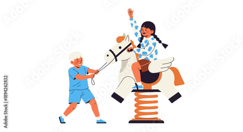 Young girl enjoying a thrilling ride on a spring horse as a boy pushes her with enthusiasm in a joyful playground scene