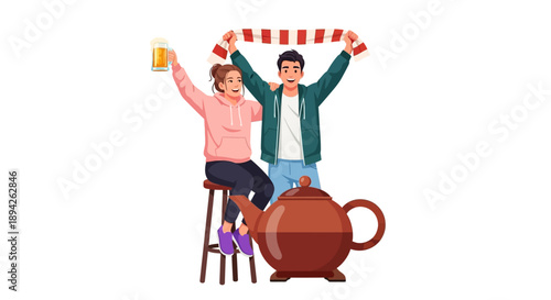 Couple celebrating with beer and cards near a teapot in a lively illustration scene