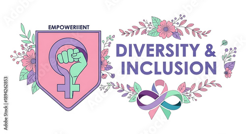 international women's day A vibrant vector graphic illustration promoting diversity and inclusion with a shield, flowers, and empowering symbols.