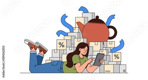 Woman lying on the floor surrounded by papers and a giant teapot, analyzing data on her tablet with coffee nearby