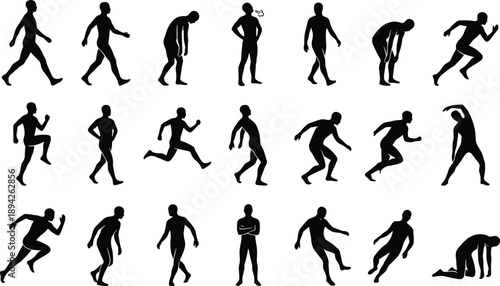 Human movement silhouette set showing walking running stretching and resting poses isolated on white background for fitness motion design anatomy studies projects