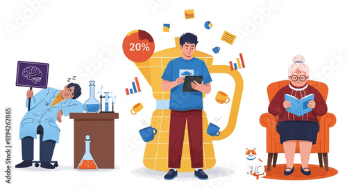 People engaged in various activities with discounts and learning materials in a vibrant, illustrated scene