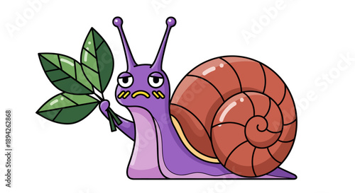 A purple cartoon snail with a large shell holding green leaves in its hand viewed from the side