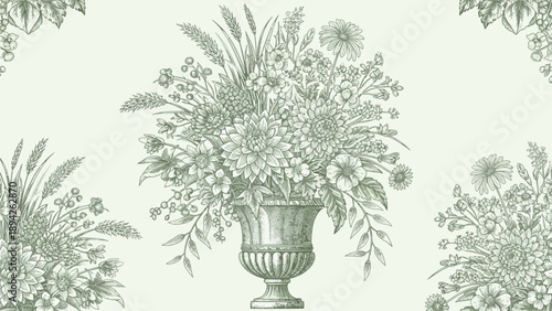 Elegant floral arrangement in a vase on a table, surrounded by lush greenery and vibrant blooms, from a front viewpoint
