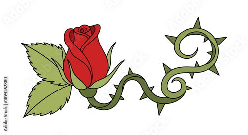 A red rose with green leaves and thorny stem, illustrated in a graphic style, viewed from the side, showcasing its beauty and intricate details