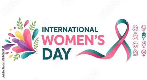 international women's day A vibrant International Women's Day logo with colorful flowers and a ribbon