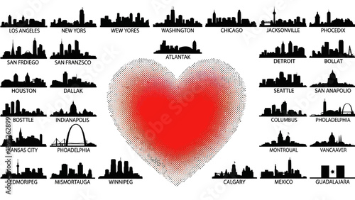 Collage of city skylines surrounding a red heart, symbolizing love for urban landscapes from various global cities