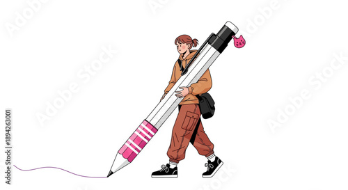 Man holding giant pencil walking forward with creative expression and artistry