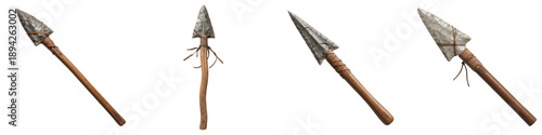 Tableau sur toile Prehistoric Stone Spears, Flint Arrowhead Javelins, Isolated on White, Set of 4