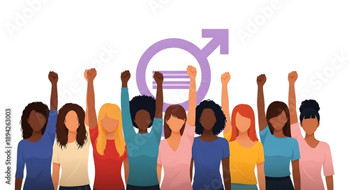 international women's day A diverse group of women standing together in solidarity with a purple gender equality symbol