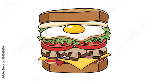 A detailed illustration of a sandwich with egg, cheese, tomato, and lettuce on toasted bread viewed from the side