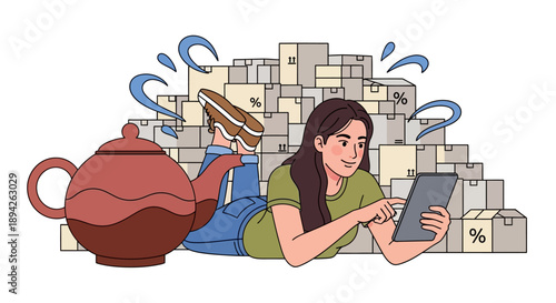Woman relaxing with tablet surrounded by books and teapot in a cozy lifestyle scene from a top view