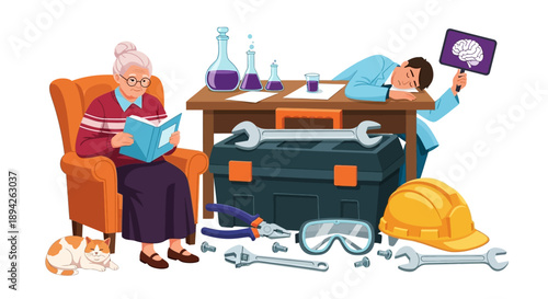 Elderly woman reading while man lies on toolbox surrounded by tools and hardhat in a workshop