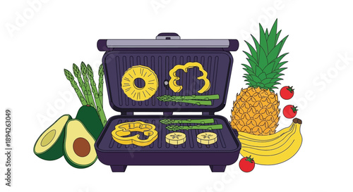Assorted fresh fruits and waffles on a waffle maker, showcasing a healthy breakfast setup from a top-down view